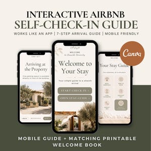 May include: An interactive Airbnb self-check-in guide displayed on three smartphones. The screens show a 7-step arrival process, a welcome page for Seaside Serenity, and a stay guide menu with icons for essentials, local favorites, and contact info.