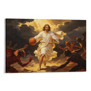 May include: A canvas print shows a religious figure in white robes dribbling a basketball, pursued by demonic figures. The artwork features a dramatic sky with light rays, creating a dynamic and surreal scene. The colour palette includes warm tones and dark shadows.