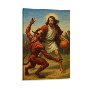Könnte beinhalten: Ein Leinwanddruck zeigt Jesus beim Basketballspielen gegen einen roten Teufel. Jesus, in einem weißen Gewand und rotem Umhang, dribbelt den Ball. Der Teufel, mit Hörnern und einem Schwanz, versucht, ihn zu blocken. Weitere Figuren sind im Hintergrund zu sehen.