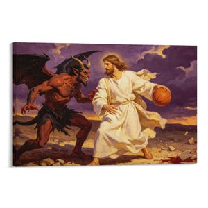 Könnte beinhalten: Leinwanddruck, der ein Basketballspiel zwischen Jesus und dem Teufel zeigt. Jesus, in einem weißen Gewand, dribbelt einen orangefarbenen Basketball. Der Teufel, mit roter Haut und Hörnern, versucht, den Schuss zu blocken. Der Hintergrund zeigt einen lila Himmel und eine Wüstenlandschaft.