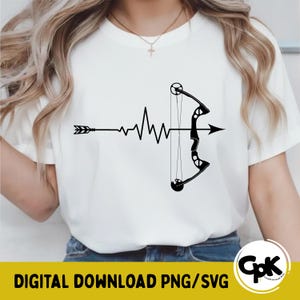 May include: White t-shirt featuring a black graphic of a bow and arrow with a heartbeat line. The arrow points right, intersecting the bow. The text "DIGITAL DOWNLOAD PNG/SVG" is at the bottom.