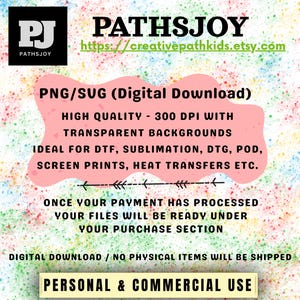 Puede incluir: Gr&aacute;fico de descarga digital con el texto "PATHSJOY" y la URL de la tienda Etsy. La imagen incluye texto sobre archivos PNG/SVG, alta calidad, fondos transparentes y uso personal y comercial.
