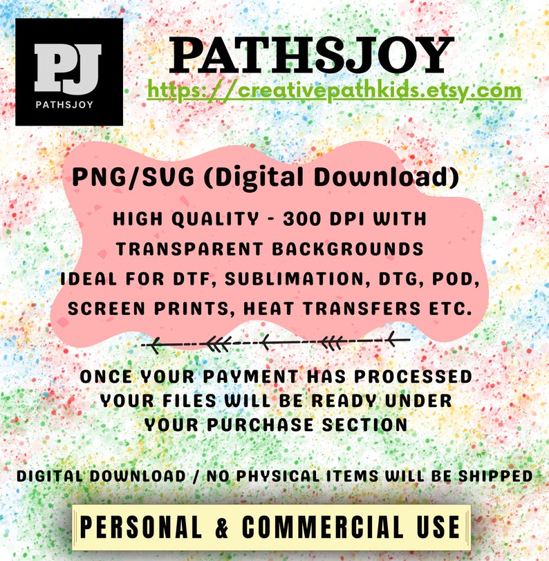 Puede incluir: Gr&aacute;fico de descarga digital con el texto "PATHSJOY" y la URL de la tienda Etsy. La imagen incluye texto sobre archivos PNG/SVG, alta calidad, fondos transparentes y uso personal y comercial.