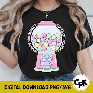 May include: Black t-shirt featuring a colorful gumball machine graphic. The gumball machine is pink, purple, and mint green, filled with pastel-colored gumballs. Text around the machine reads "Happy 100 Sweet Days of School."