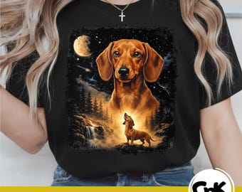 Perro salchicha vintage de los 90 aullando a la luna, mamá salchicha, arte, cielo nocturno, humor, PNG/SVG (descarga digital)