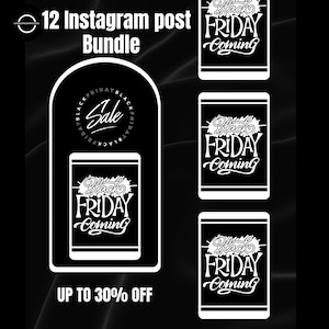 Può includere: Grafica in bianco e nero che promuove un "Bundle di 12 post di Instagram" per il Black Friday. Il design include le parole "Black Friday Coming" e "Sale" con un'offerta "Up to 30% Off".