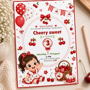 Op de afbeelding: Een verjaardagsuitnodigingskaart van 127 x 177 mm met een kersenthema. Het ontwerp bevat een cartoonkind, rode ballonnen, een mand met kersen en een kleine taart. De tekst luidt: You're Invited! to a Sweet Birthday Celebration, Cheery sweet is Turning 3, Saturday 13 August 3-PM.