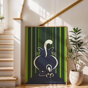 Peut inclure: Une affiche encadrée avec une illustration de chat stylisée. Le chat est vu de dos, avec une queue courbée et des pattes. Le fond présente des rayures vertes verticales sur un fond bleu foncé. Le texte "AFFECTION IS NOT GUARANTEED" est en bas.