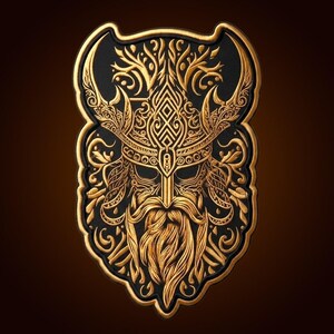 Könnte beinhalten: Ein dekorativer Aufnäher mit einem komplexen, goldfarbenen Stickmuster eines bärtigen Kriegers mit gehörntem Helm auf schwarzem Grund. Das detaillierte Design zeigt wirbelnde Muster und geometrische Linien in metallischem Goldgarn.