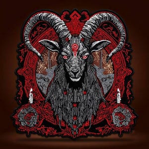 Gothic Ram Head Back Patch, Red Black Embroidered Biker Jacket Applique