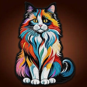 Large Colorful Cat Embroidered Back Patch 12 Inch Jacket Vest Iron On Patch