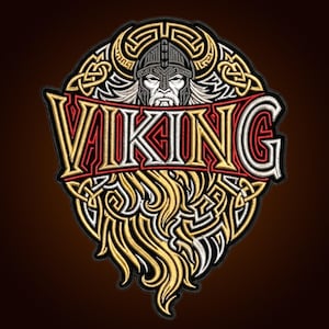 May include: A circular embroidered patch featuring a Viking warrior wearing a helmet, set against intricate gold and silver Celtic knotwork. The word VIKING is prominently displayed in large, bold, gold and silver letters across the centre.