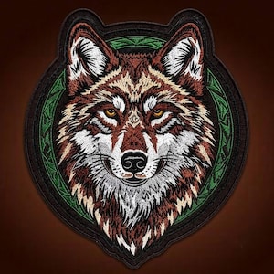 Celtic Wolf Face Patch, Embroidered Biker Jacket Back Applique, 12x10 Inch