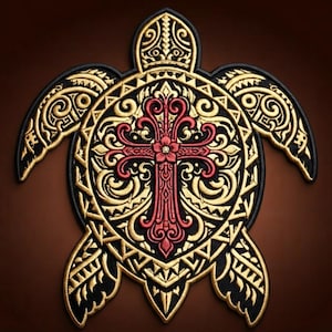 May include: A decorative patch shaped like a sea turtle featuring a black base with intricate gold filigree patterns and a central red cross design. The turtle shell displays detailed scrollwork and geometric borders, creating a high-contrast look.