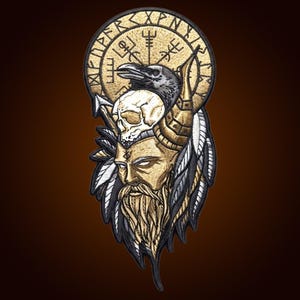 13 Inch Odin Embroidered Patch, Norse God Patch, Viking Warrior Patch, Nordic Raven Applique, Large Viking Jacket Back Patch