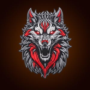 13 Inch Embroidered Wolf Head Patch, Gothic Fantasy Applique (Red, Silver, Black)