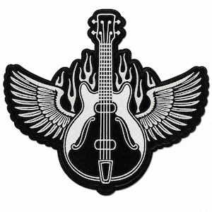 Winged Guitar Rock Music Embroidered Patch, Large Flame Applique 11x10 Inch
