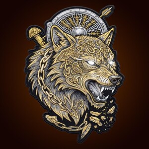 Viking Wolf Embroidered Patch, Norse Warrior Design, Iron-On Sew-On (13 Inch)