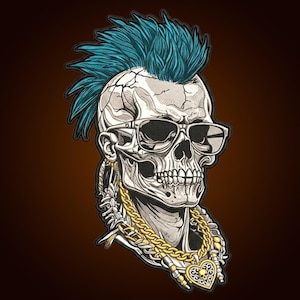 May include: An embroidered patch featuring a skull with a bright teal mohawk hairstyle. The skull wears dark-rimmed sunglasses and a gold-colored chain necklace with a heart-shaped pendant that contains a small skull design in the center.