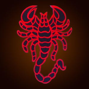 May include: A scorpion-shaped embroidered patch featuring a black base with vibrant red stitching outlining the body, pincers, and segmented tail. The design displays a detailed insect silhouette with a clear contrast between the dark fabric and the bright red thread borders.