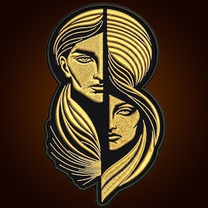 May include: A circular embroidered patch featuring a split design in metallic gold thread on a black background. The left side depicts a face with flowing hair, while the right side shows a different face with long, wavy hair, both rendered in gold.