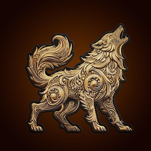 Könnte beinhalten: Ein goldfarbener Stickaufnäher, der einen heulenden Wolf mit nach oben gerichtetem Kopf zeigt. Das Design besteht aus komplizierten, wirbelnden Filigranmustern und kunstvollen Schnörkeln, die mit schwarzem Faden auf dunklem Grund umrandet sind.