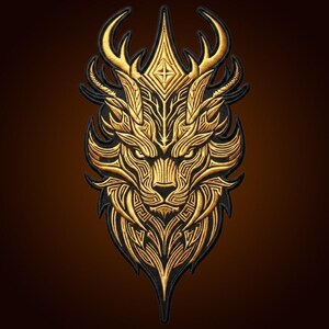 May include: An embroidered patch featuring a stylized golden lion head with intricate, sharp geometric patterns and prominent antlers. The design is rendered in metallic gold thread against a solid black background, creating a high-contrast, detailed emblem.