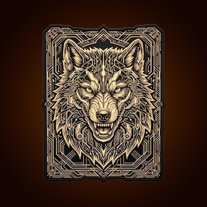 May include: A rectangular graphic print featuring a stylized wolf head with an open mouth and bared teeth. The design incorporates intricate gold-colored circuit board patterns and geometric lines set against a solid black background.