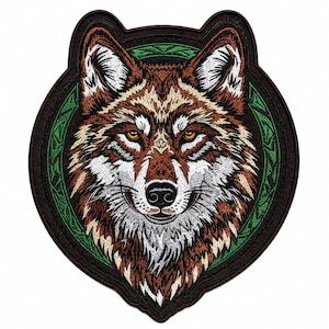 May include: Embroidered patch featuring a detailed wolf head. The wolf has brown and white fur, yellow eyes, and a black nose. It is set against a green and brown circular background, with a decorative border. The patch has a dark brown border.