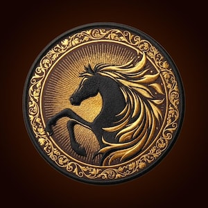 Puede incluir: Un parche bordado circular que presenta la silueta de un caballo negro con una crin y cola doradas y fluidas. El caballo está centrado sobre un fondo de rayos de sol dorados, todo encerrado dentro de un borde floral dorado ornamentado.