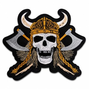 May include: Embroidered patch featuring a skull wearing a Viking helmet with crossed axes. The skull is white, the helmet is gold, and the axes are silver. The patch has a black background and gold braids.