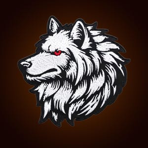 13 Inch White Wolf Embroidered Patch, Gothic Animal Applique (Black & Red Eye)