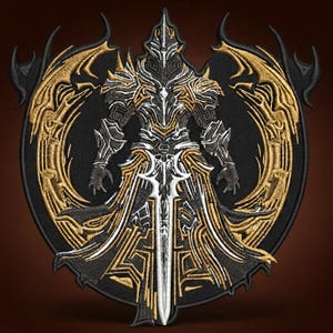May include: A circular embroidered patch featuring a central armored figure in black, silver, and gold thread. The figure wears an ornate helmet and suit of armor, holding a long sword pointing downward, framed by stylized golden wings on a black background.