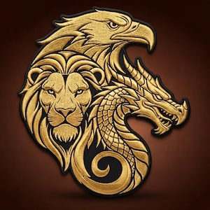 May include: An embroidered patch featuring a gold-colored eagle head at the top, a lion head on the left, and a dragon head on the right. The design is rendered in metallic gold thread against a black background with a black stitched border.
