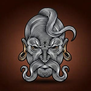 Könnte beinhalten: Eine grafische Illustration eines stilisierten Gesichts, das vollständig aus komplexen, fließenden weißen und schwarzen Linien besteht. Die Figur zeigt einen markanten Schnurrbart, eine Dutt-Frisur und goldfarbene Ohrschmuckelemente im Linien-Stil.