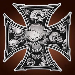Large Skull Iron Cross Embroidered Patch, Gothic Skull Biker Jacket Back Patch, Iron On Sew On Applique 12 Inch