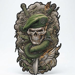 May include: A detailed embroidered patch featuring a human skull wearing a green beret, entwined by a green snake. Behind the skull are two crossed swords, stylised wings, and swirling smoke elements in shades of grey, green, and hints of orange.