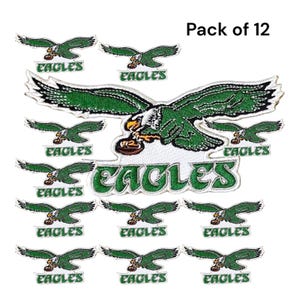 May include: A pack of 12 embroidered patches featuring the Philadelphia Eagles logo. The patches include a large eagle design and smaller flying eagle designs, all in green, white, and black.