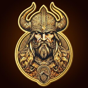 May include: A circular embroidered patch featuring a golden-toned Viking warrior with a long beard and a horned helmet. The design includes intricate knotwork patterns and detailed metallic-coloured thread work on a dark background.