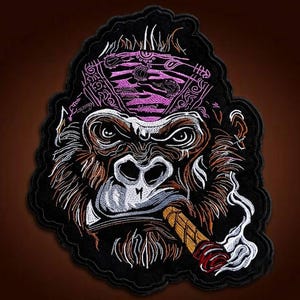 Smoking Gorilla Back Patch, Embroidered Biker Jacket Applique, 13 Inch Animal Design