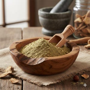 Può includere: Una ciotola di legno piena di polvere verde e un piccolo misurino di legno. La ciotola è appoggiata su un panno di juta su un tavolo di legno. Un mortaio e un pestello sono sullo sfondo, insieme a un barattolo di vetro e pezzi di zenzero secco.