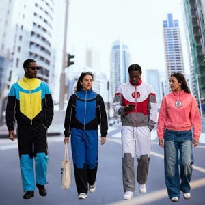 Könnte beinhalten: Vier Personen gehen eine Stadtstraße entlang und tragen passende Trainingsanzüge. Die Trainingsanzüge sind in verschiedenen Farben erhältlich, darunter Schwarz, Blau, Gelb, Rot und Rosa. Die Outfits haben eine Retro- und Sportästhetik.