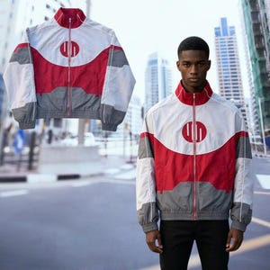 Könnte beinhalten: Sportjacke in Weiß, Rot und Grau mit durchgehendem Reißverschluss und hohem Kragen. Die Jacke hat ein kreisförmiges Design auf der Brust. Die Jacke wird auf einem Model vor einem Stadtpanorama gezeigt. Eine stilvolle Oberbekleidung.