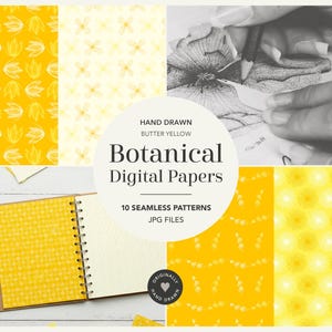 Könnte beinhalten: Eine Sammlung von buttergelben botanischen digitalen Papieren mit 10 nahtlosen Mustern im JPG-Format. Die Darstellung zeigt verschiedene Blumen- und Blattmotive in Gelb- und Weißtönen sowie ein Notizbuch mit den Mustern.