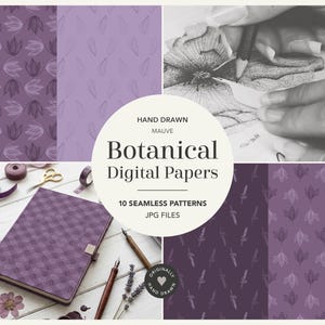 Könnte beinhalten: Eine Sammlung von botanischen digitalen Papieren in Mauve mit 10 nahtlosen Mustern im JPG-Format. Die Darstellung umfasst handgezeichnete Blumenillustrationen, ein mauvefarbenes Notizbuch und den Text HAND DRAWN MAUVE Botanical Digital Papers 10 SEAMLESS PATTERNS JPG FILES.