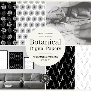 Black & White Botanical Pattern Collection | Hand Drawn Digital Papers | 10 Seamless JPGs | Branding, Scrapbooking, Journaling