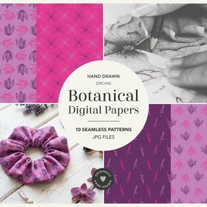 Könnte beinhalten: Eine Sammlung digitaler Papiere mit handgezeichneten Orchideenmustern in Rosa- und Violetttönen. Die Darstellung umfasst nahtlose Muster, ein Haargummi mit Orchideenprint und den Text Hand Drawn Orchid Botanical Digital Papers.