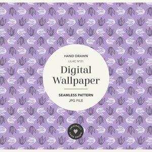Könnte beinhalten: Ein digitales Hintergrundbild mit einem nahtlosen Muster aus handgezeichneten violetten und weißen Blumenmotiven auf hellviolettem Grund. Ein weißer Kreis in der Mitte enthält den Text: HAND DRAWN LILAC N°01 Digital Wallpaper SEAMLESS PATTERN JPG FILE.