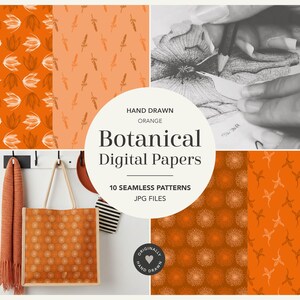 Könnte beinhalten: Eine Sammlung von orangefarbenen botanischen Digitalpapieren mit zehn nahtlosen Mustern. Die Darstellung umfasst verschiedene Blumen- und Pflanzenmotive in Orangetönen, eine schwarz-weiße Blumenskizze und eine Tragetasche mit kreisförmigem Muster.