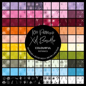 Könnte beinhalten: Ein Raster von 100 farbenfrohen botanischen Mustern in verschiedenen Farben, darunter Rosa, Orange und Grün. Die Muster sind 50.8 x 50.8 cm groß und haben 300 DPI. Das Bild enthält einen schwarzen Kreis mit dem Text "100 Patterns XL Bundle".